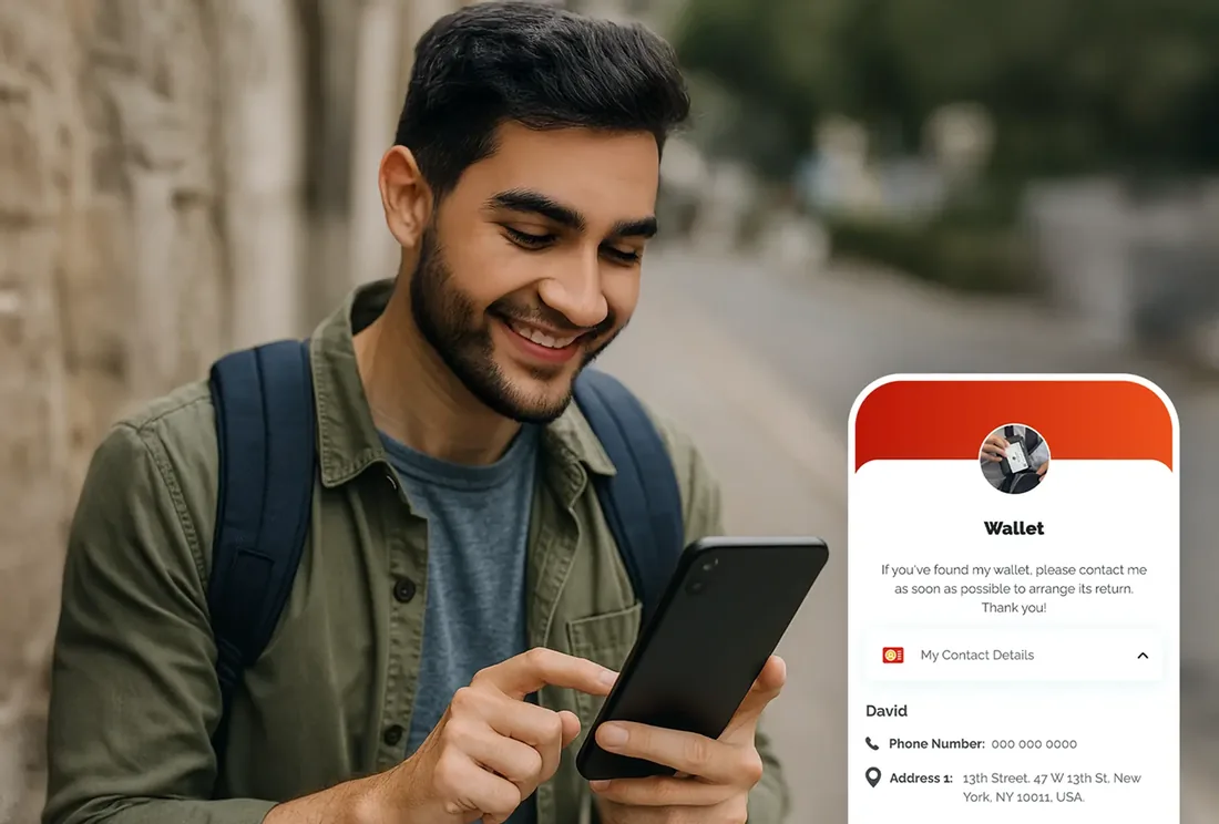 Man smiling at his phone with a lost-wallet notification