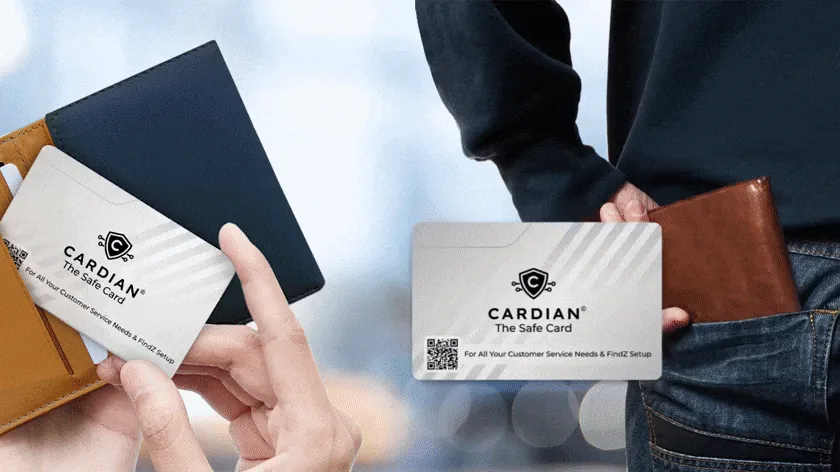 Hands sliding a Cardian card into a leather wallet