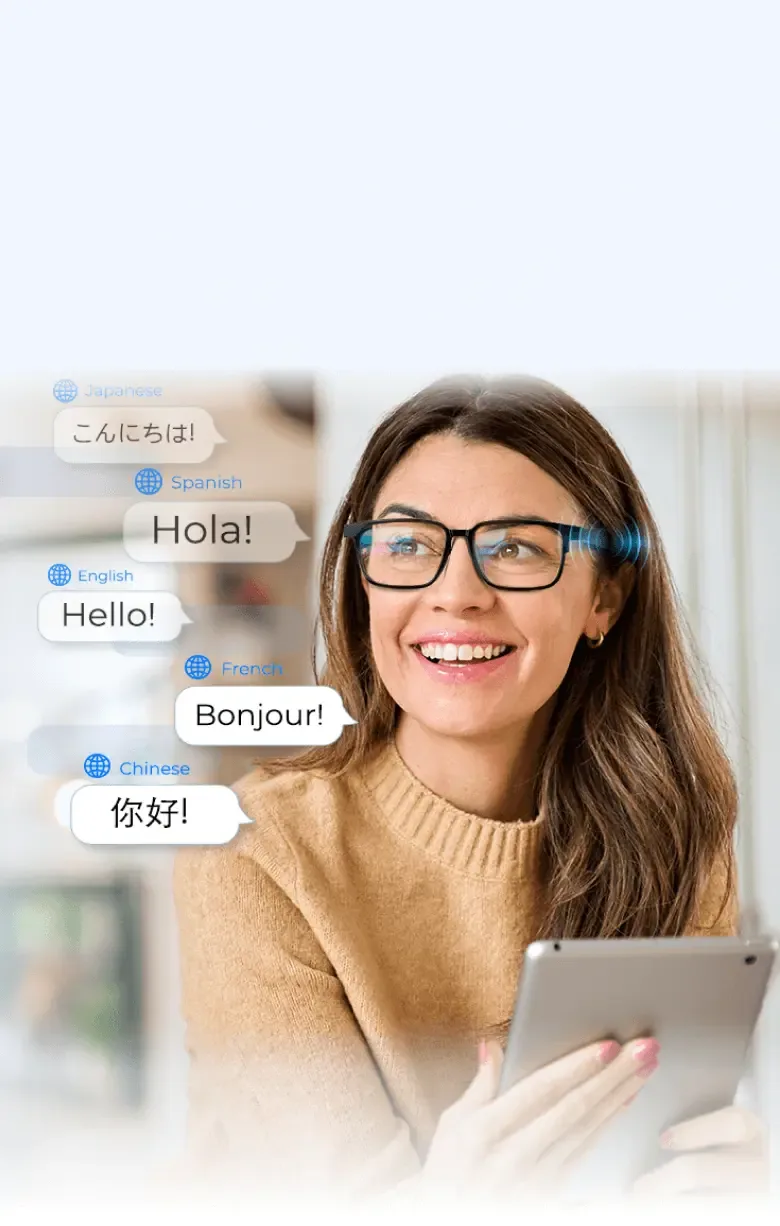 Woman smiling while wearing NeuroView glasses, with translated greetings floating beside her