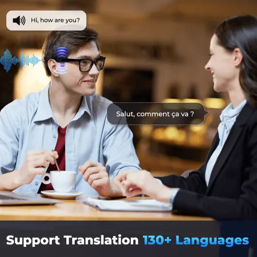 Two people chatting at a café while one wears translation glasses