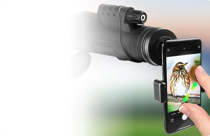 Monocular clipped to a smartphone showing a bird on the screen