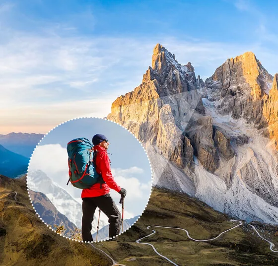 Hiker on a mountain trail with a circle showing a close-up of the same hiker